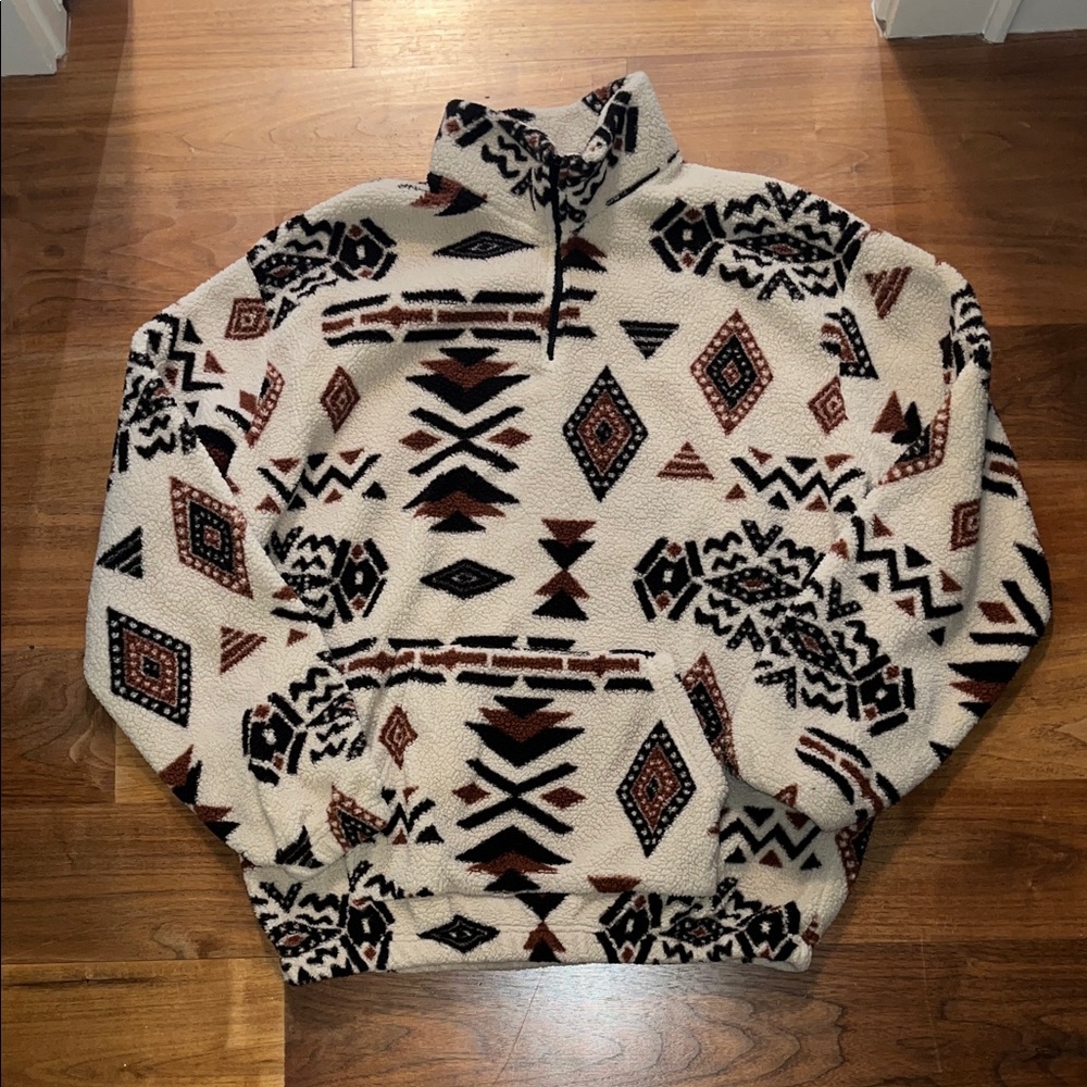 Unisex Zaful Cream and Black Geometric Zip Up Sweater/Jacket